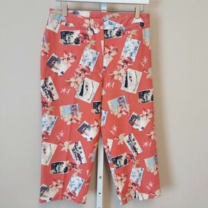 Bette & Court Womens Capris 8 Coral Pink Tropical Postcard Print Pants Resort